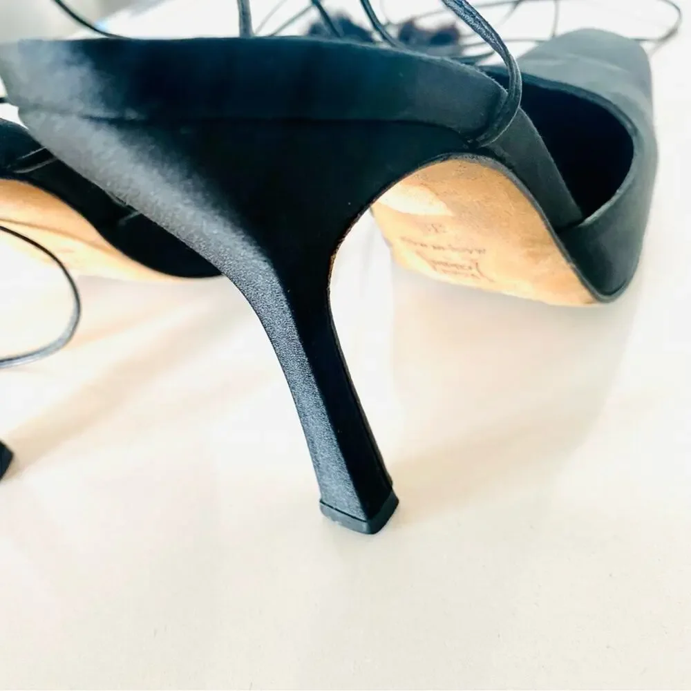 JIMMY CHOO Classic Black Pointy Toe Open Fur Pom Tie Wrap Heeled Mules Shoes 36